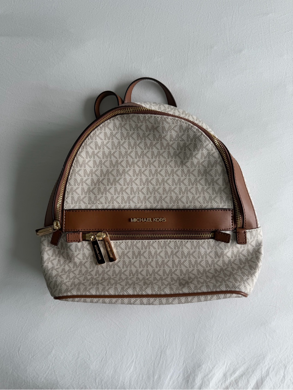 Michael Kors Beige Logo Backpack With Brown Leather Trim